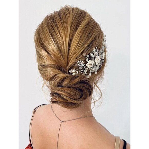 ❤️Women Silver Flower Bride Hair Vine Leaf  Hair Piece Beaded Headpieces Jewelry - Picture 8 of 9